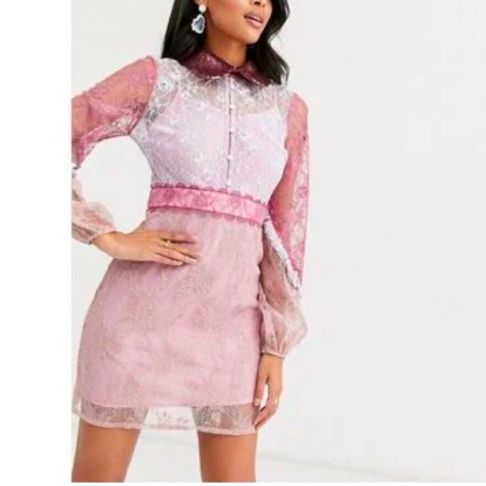 True Decadence Pink Lace and Sequin Collared Long Sleeve Dress Women's 12